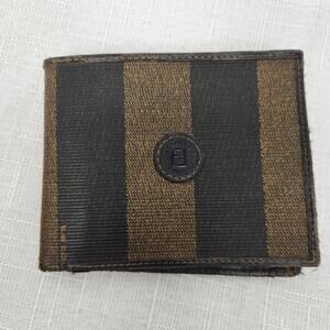 Vintage Fendi Tobacco Pequin Coated Canvas Bifold Wallet Stripe Compact Poor